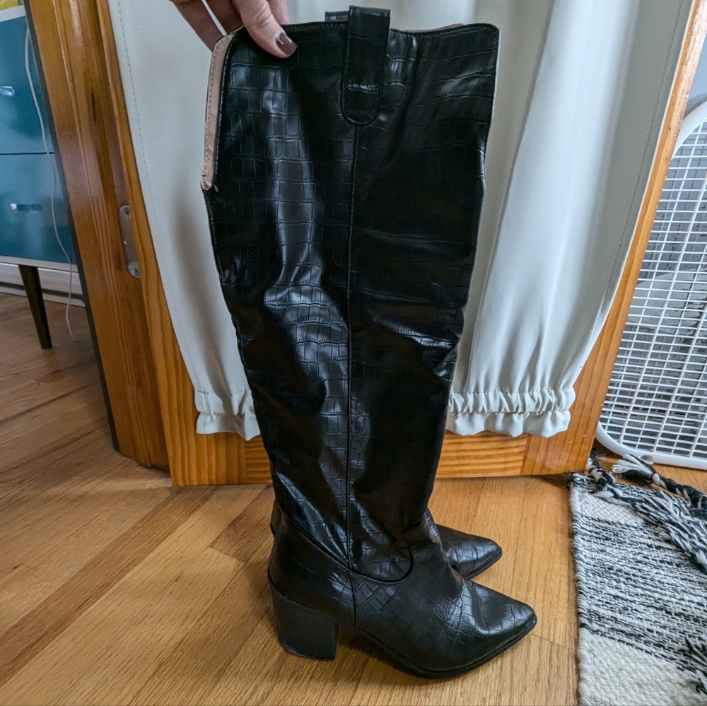 Black Knee High Croc Texture Boots